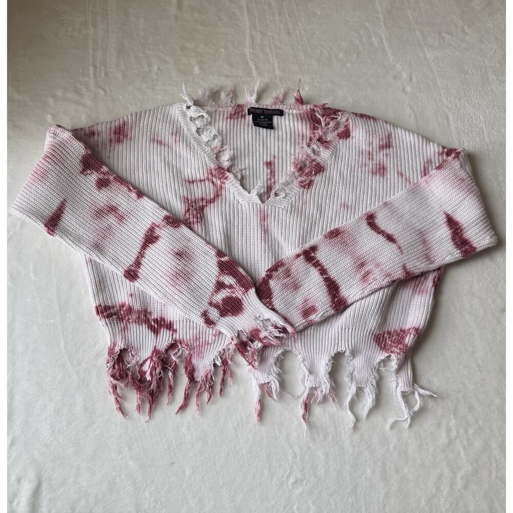Trendy Threads Distressed Tie-Dye Pullover Sweater V-Neck White Pink M